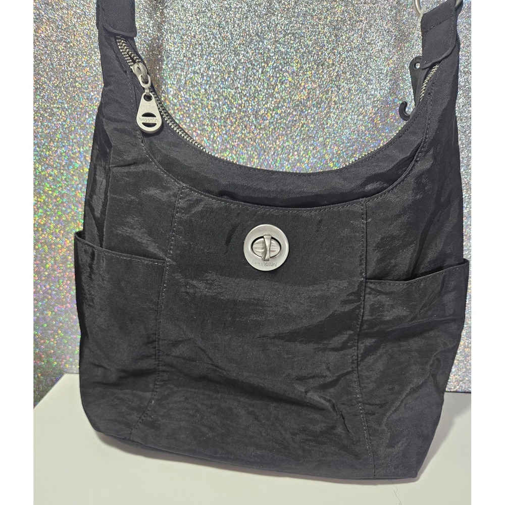 BAGGALLINI Black‎ Nylon Hobo Shoulder Bag RFID Turn Lock 4 Strap Lengths Purse